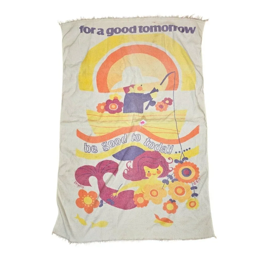 Vintage 70s Beach Towel Rainbow Mermaid Flowers Retro Fishing By‎ Phyllis